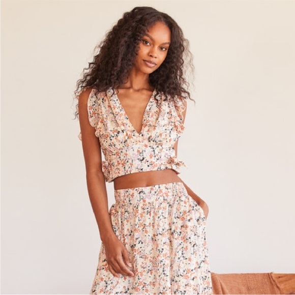 Free People Pretty Daze Ivory Floral Print Two-Piece Dress Crop Top /Skirt Set - Picture 1 of 11